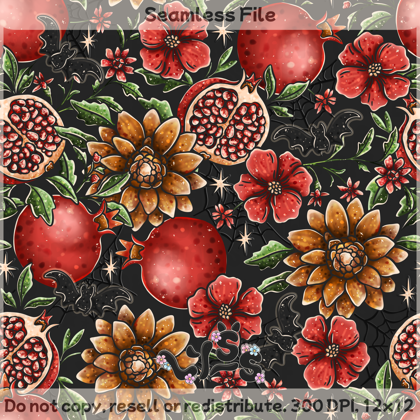 2025 - Lyss Doodles - Seamless - Midnight Pomegranate - 25LD047