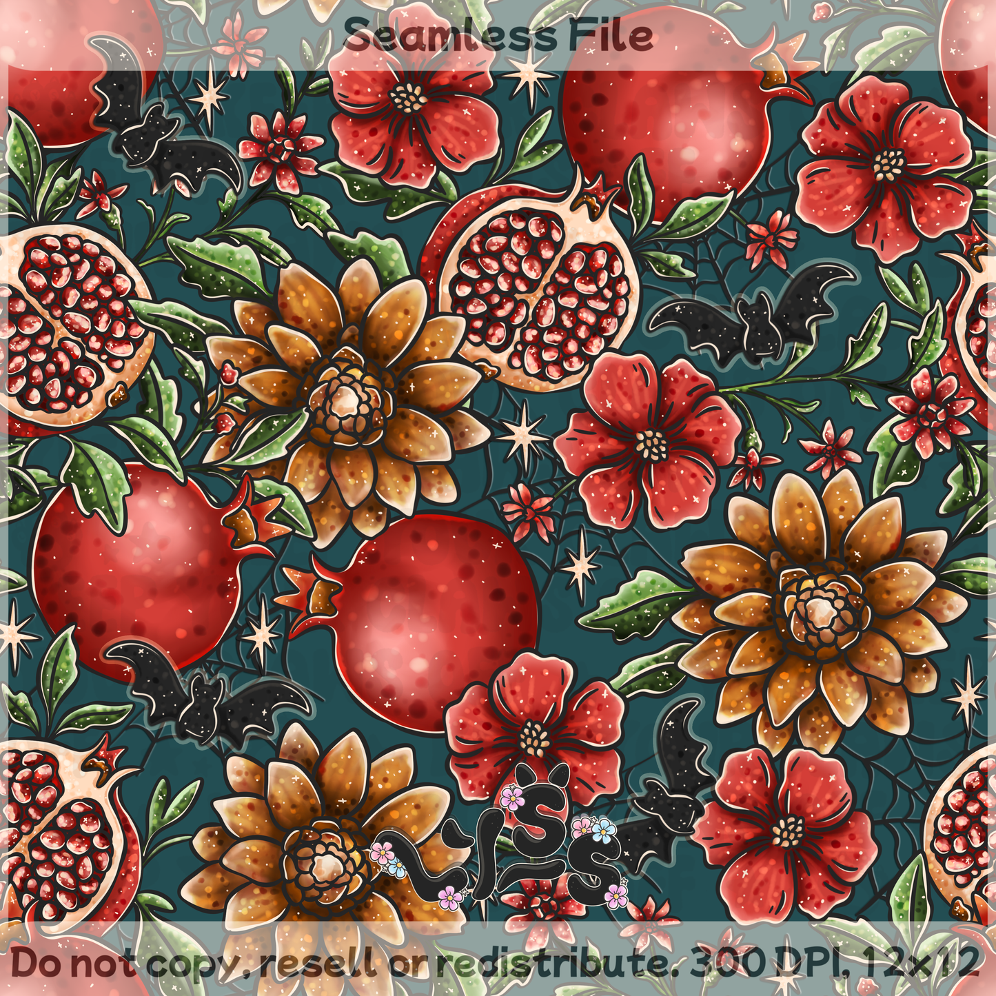 2025 - Lyss Doodles - Seamless - Midnight Pomegranate - 25LD047