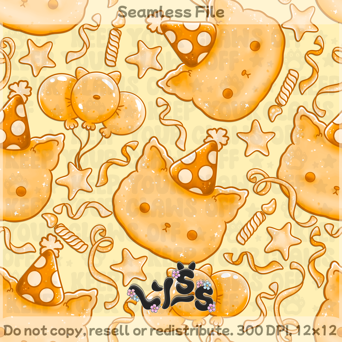 2025 - Lyss Doodles - Seamless - Kitty Birthday - 25LD038