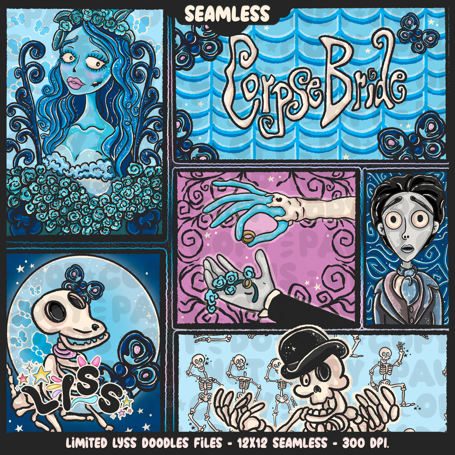 2024 - Lyss Doodles - Seamless - Mains - Skelly Bride Comic - 24LD075