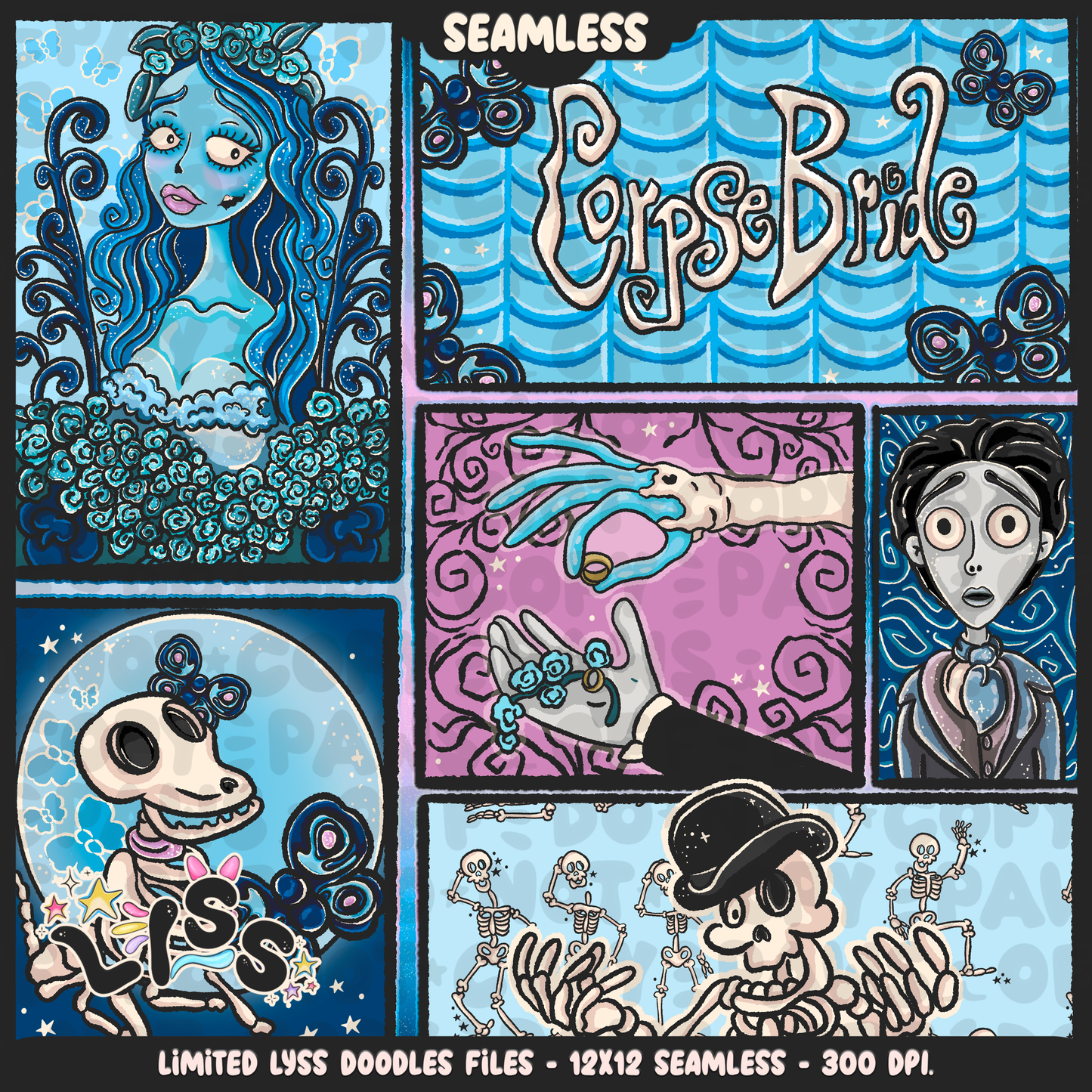 2024 - Lyss Doodles - Seamless - Mains - Skelly Bride Comic - 24LD075