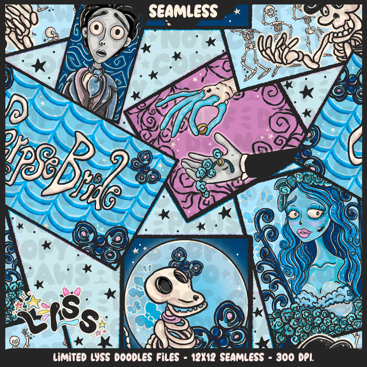 2024 - Lyss Doodles - Seamless - Mains - Skelly Bride Comic - 24LD075