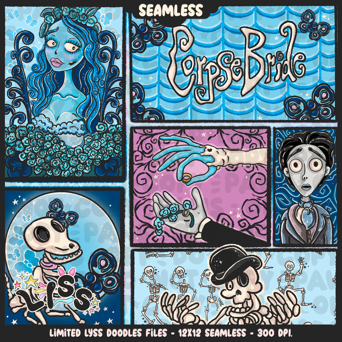 2024 - Lyss Doodles - Seamless - Mains - Skelly Bride Comic - 24LD075