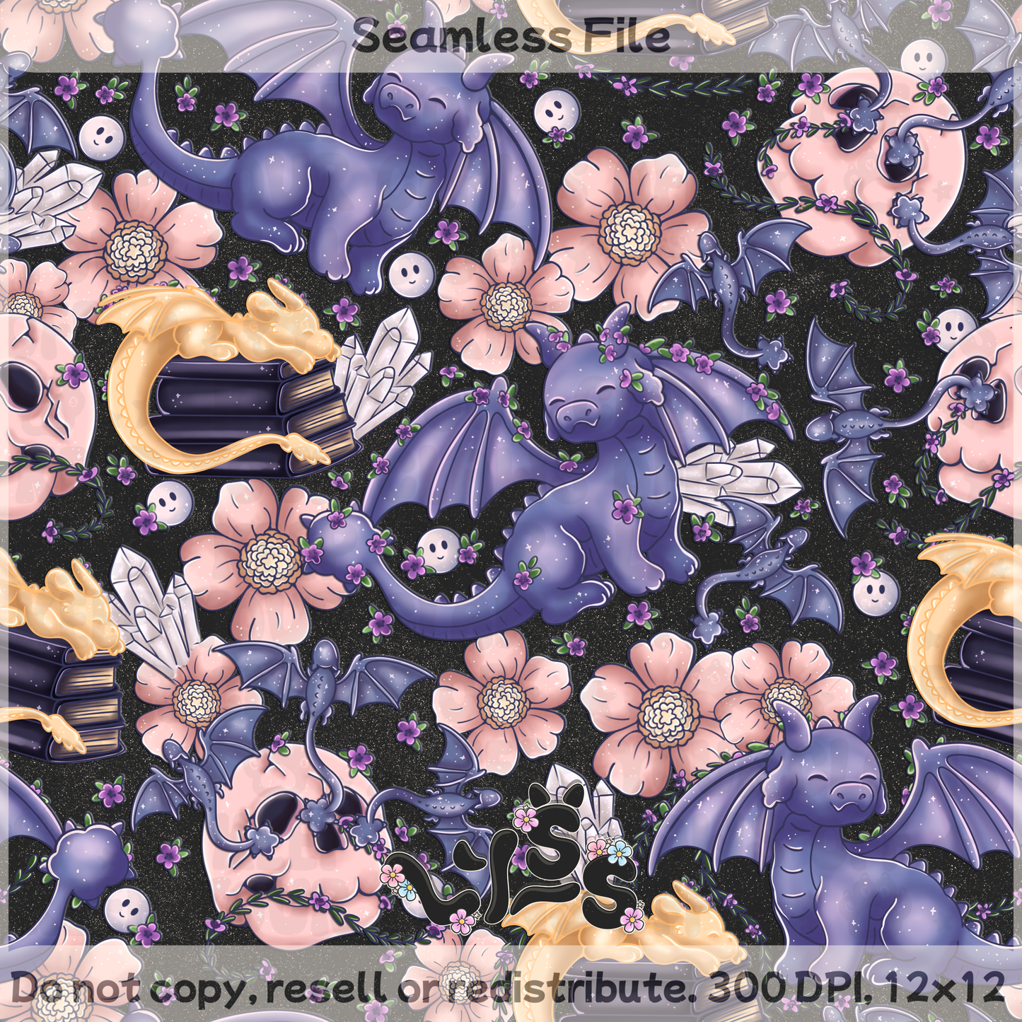 2025 - Lyss Doodles - Seamless - Mains - Dragon Riders - Floral - 25LD019