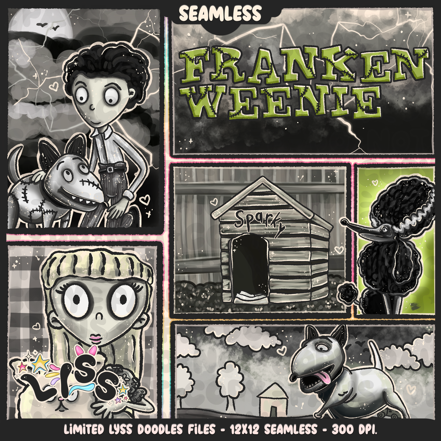 2024 - Lyss Doodles - Seamless - Mains - Franken Woof - 24LD076