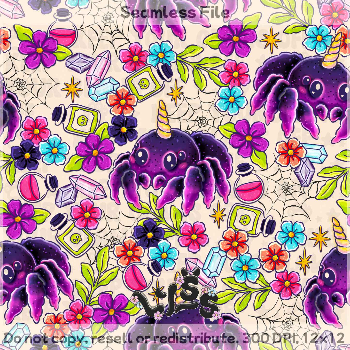 2025 - Lyss Doodles - Seamless - Unicorn Spider - 25LD061