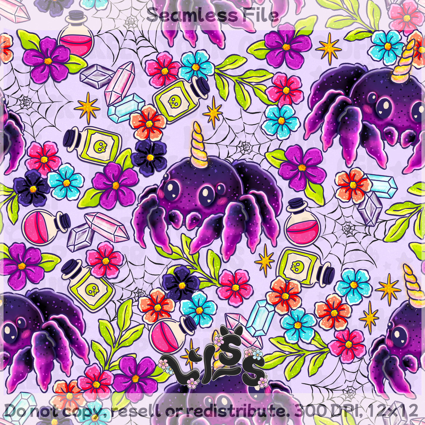 2025 - Lyss Doodles - Seamless - Unicorn Spider - 25LD061