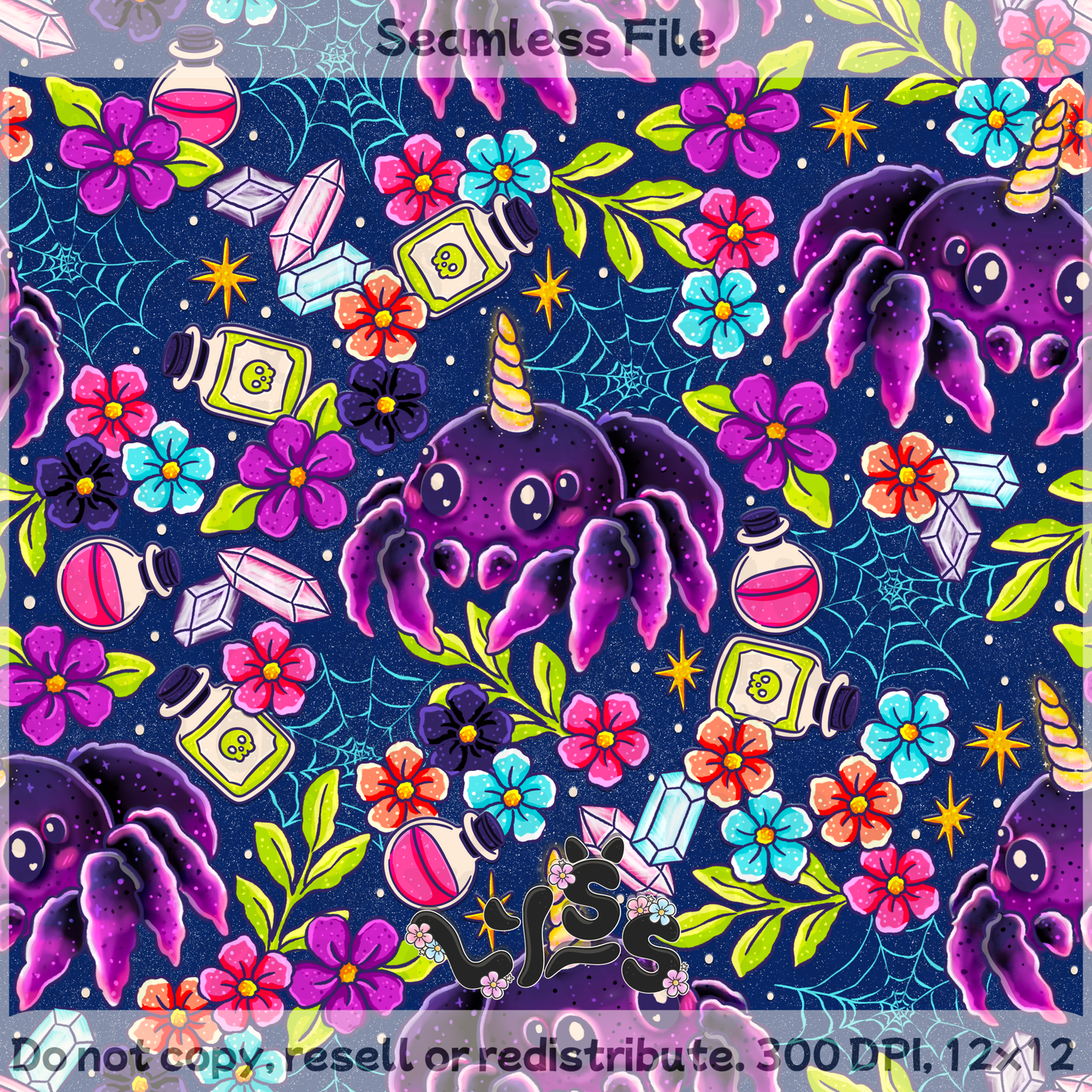 2025 - Lyss Doodles - Seamless - Unicorn Spider - 25LD061