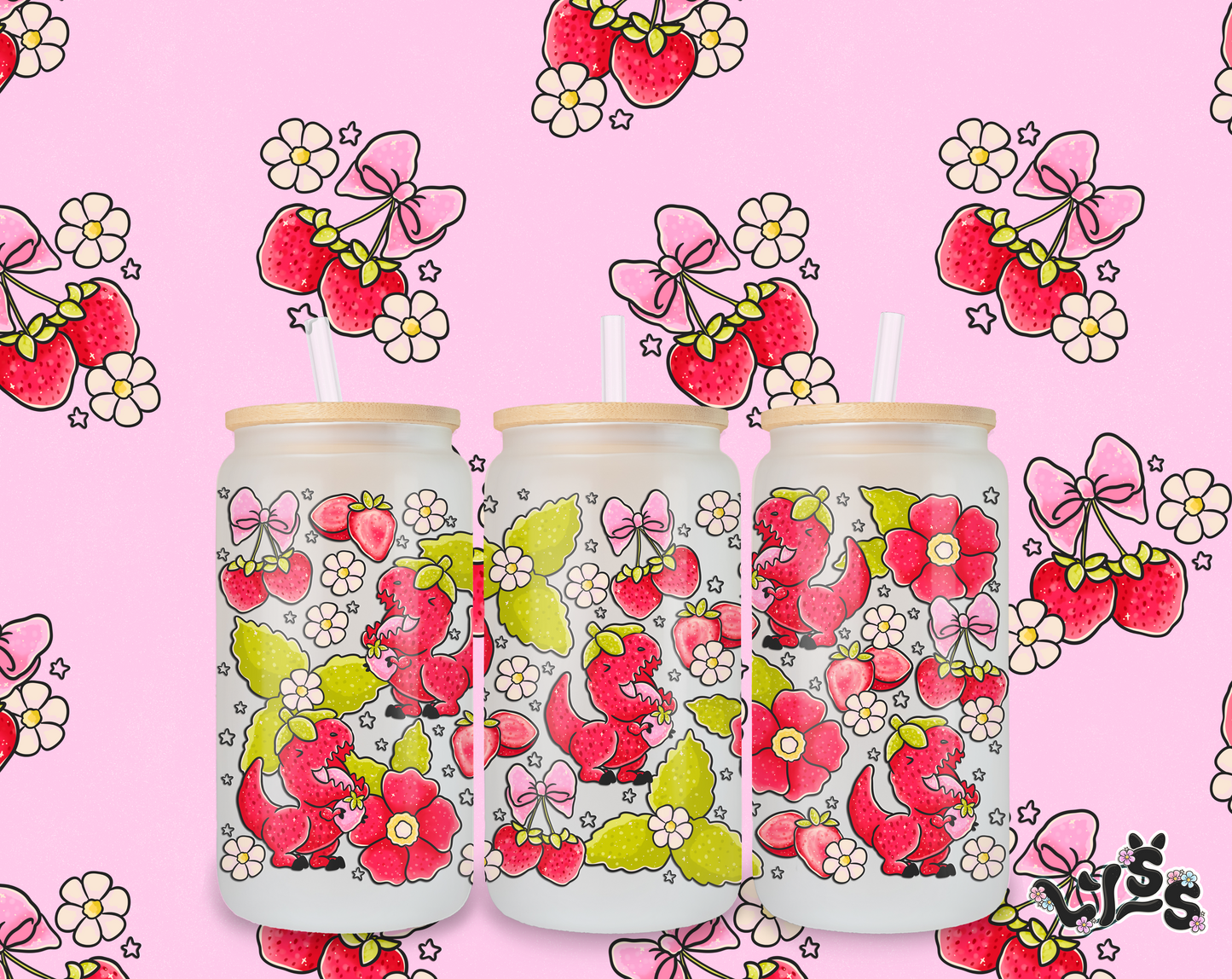 2025 - Lyss Doodles - Tumbler Wrap Files - Strawberry Trex - 25LD046 - 16OZ Tumbler Wrap