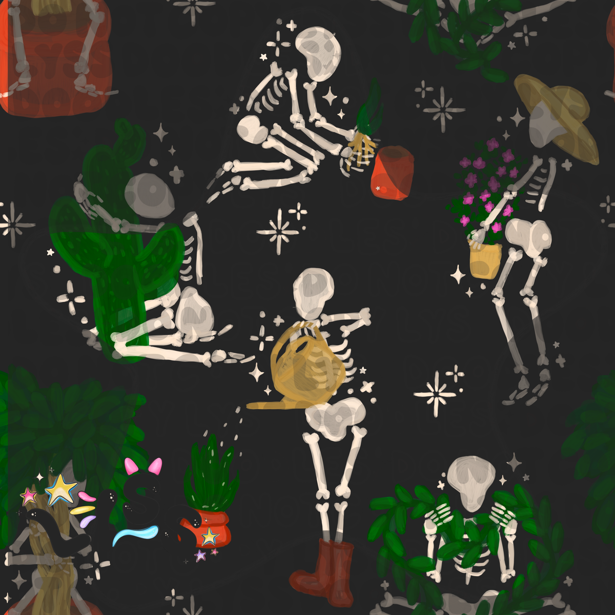 2023 - Lyss Doodles - Seamless - Mains - Skelly Collection - Plants - 23LD003