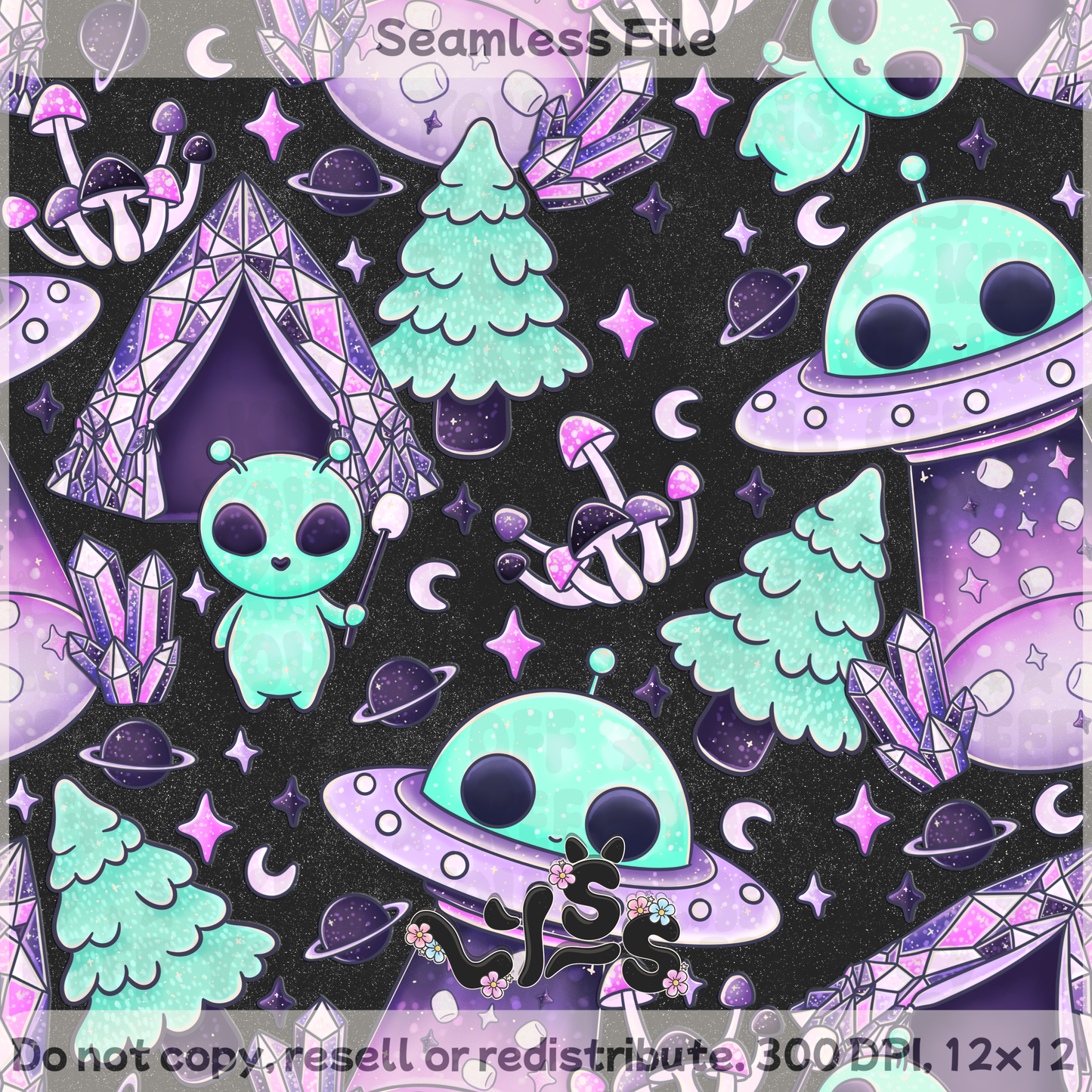 2025 - Lyss Doodles - Seamless - Lyss Doodles - Amethyst Aliens - 25LD026
