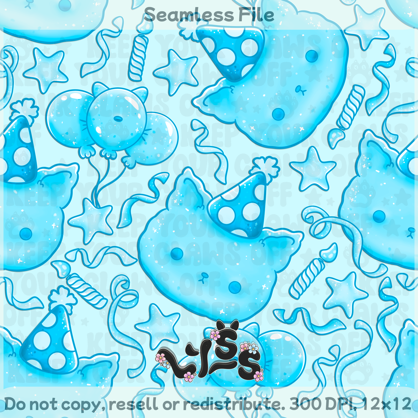 2025 - Lyss Doodles - Seamless - Kitty Birthday - 25LD038
