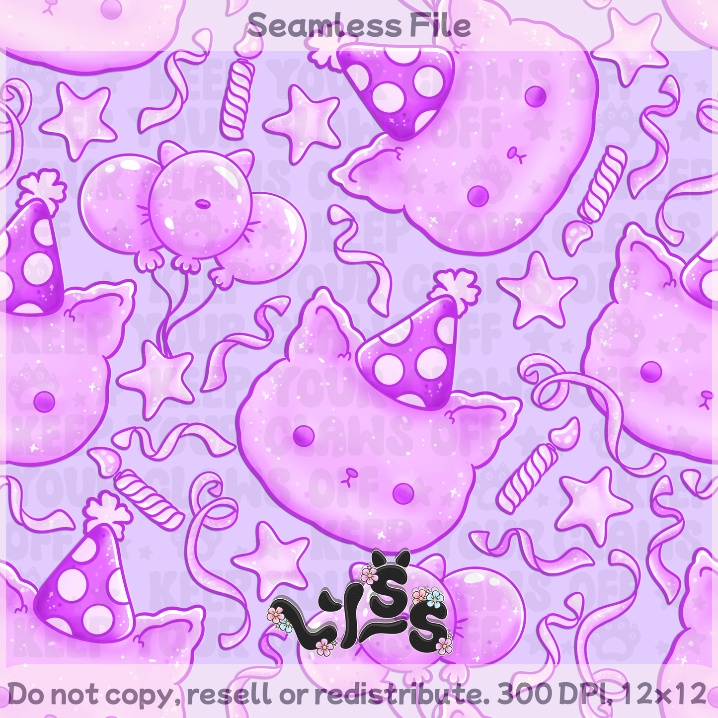 2025 - Lyss Doodles - Seamless - Kitty Birthday - 25LD038