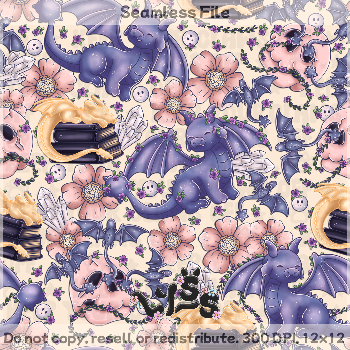 2025 - Lyss Doodles - Seamless - Mains - Dragon Riders - Floral - 25LD019