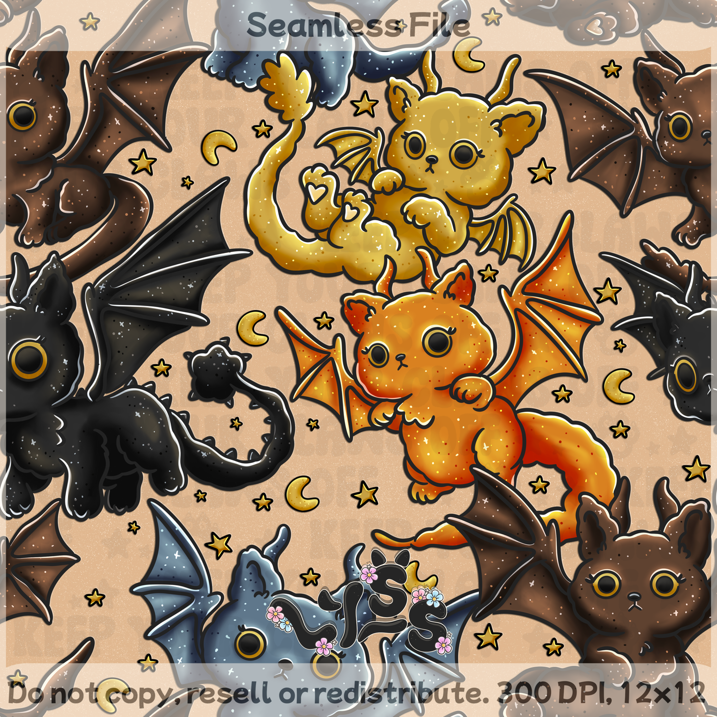 2025 - Lyss Doodles - Seamless - Mains - Dragon Riders - Cats - 25LD018