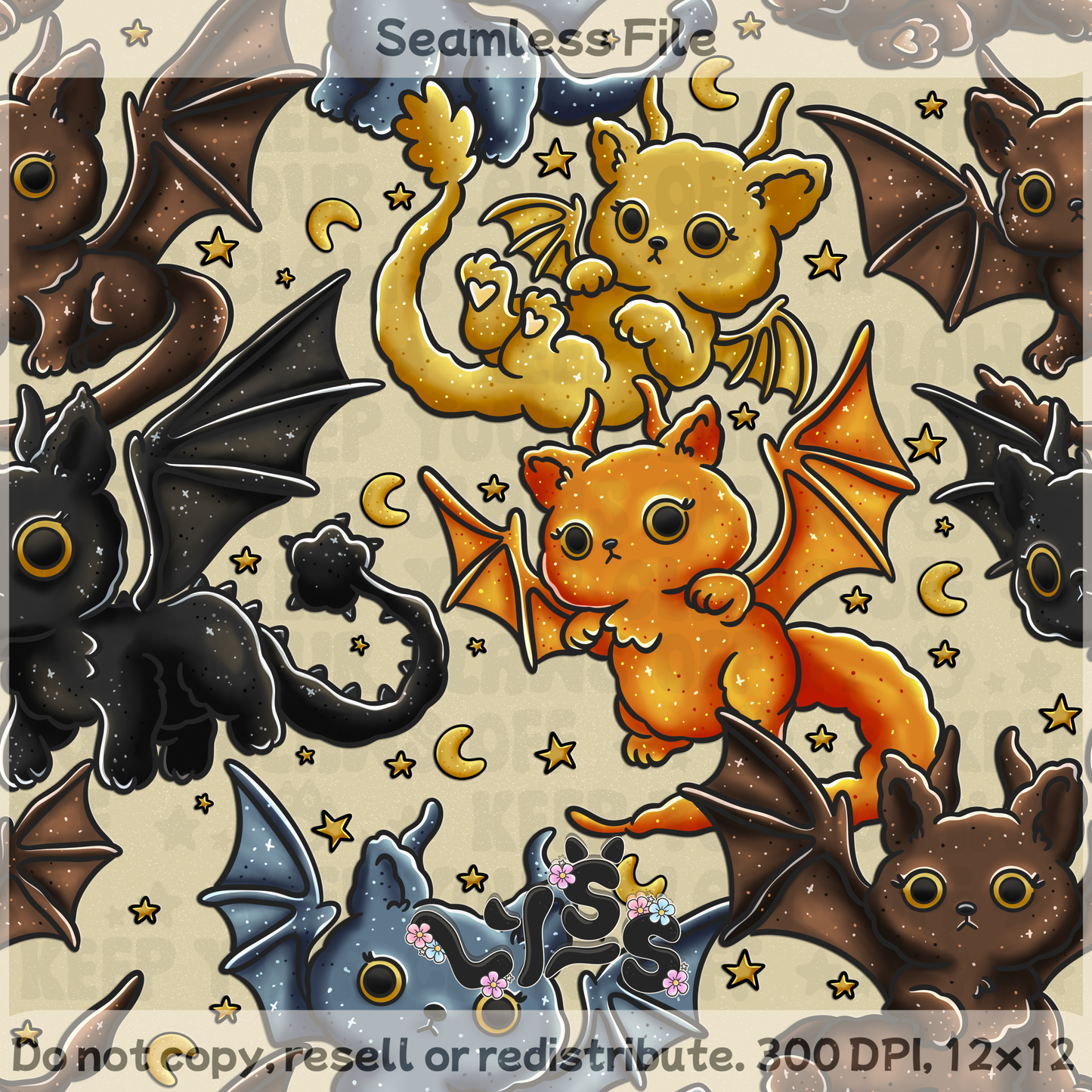 2025 - Lyss Doodles - Seamless - Mains - Dragon Riders - Cats - 25LD018