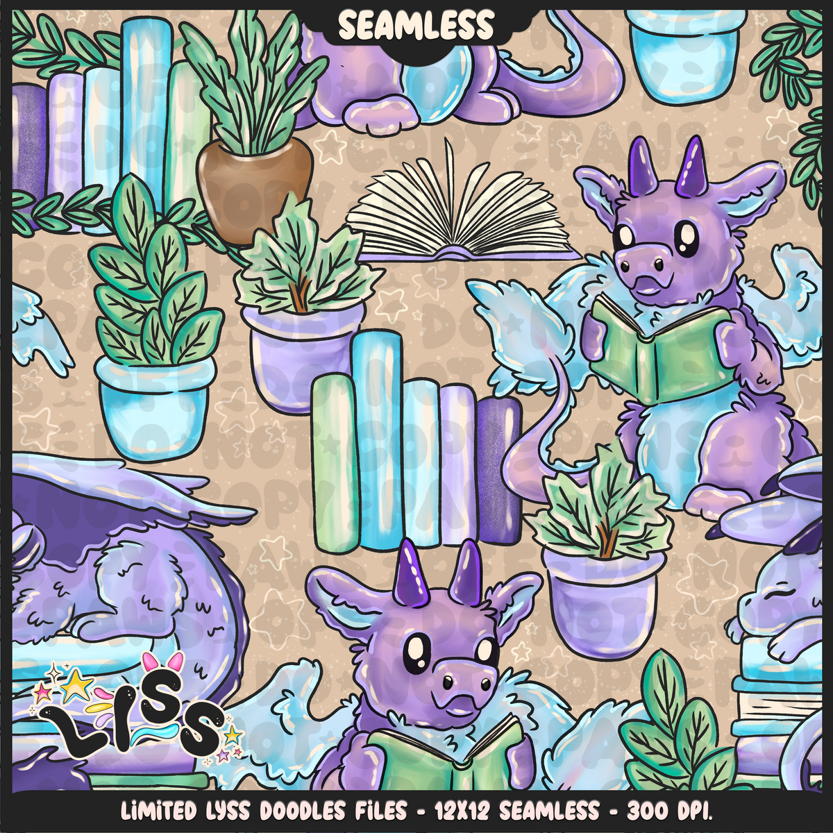 2024 - Lyss Doodles - Seamless - Mains - Reading Dragons - 24LD018