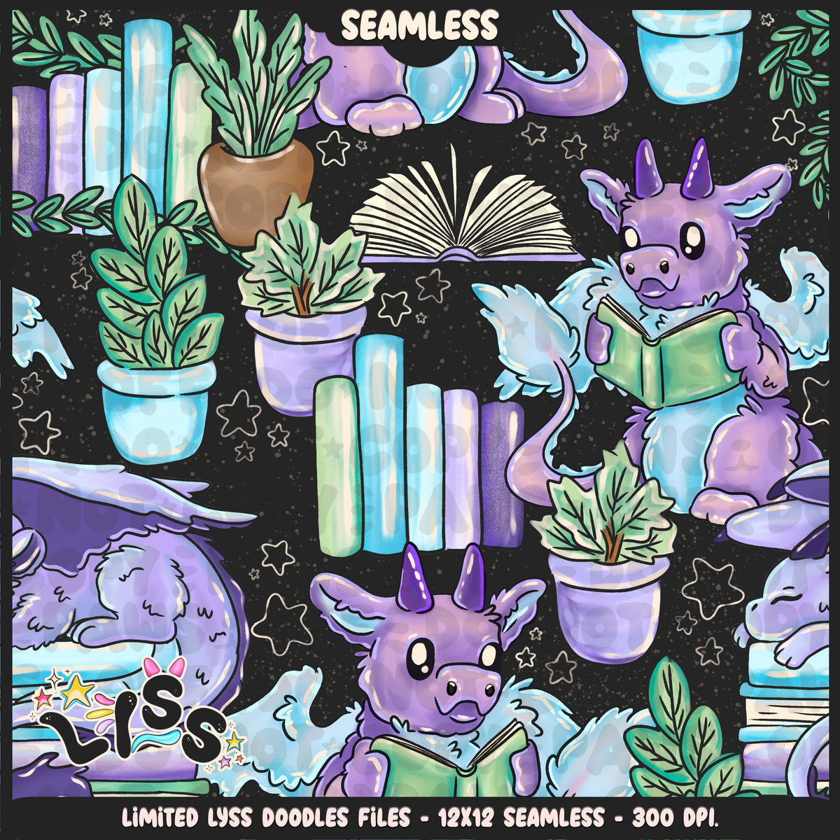 2024 - Lyss Doodles - Seamless - Mains - Reading Dragons - 24LD018