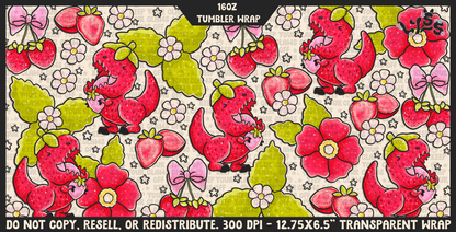 2025 - Lyss Doodles -  Tumbler Wrap Files - Strawberry Trex - 25LD046 - 16OZ Tumbler Wrap